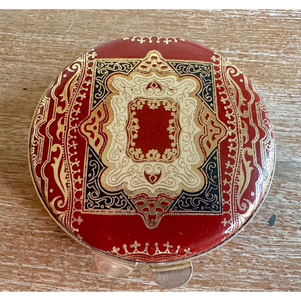Vintage Florentine Style Round Powder Compact Red Gold Filigree Ornate Vanity